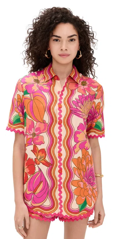 Farm Rio Spring Affair Linen Short-sleeve Buttondown Shirt In Pink