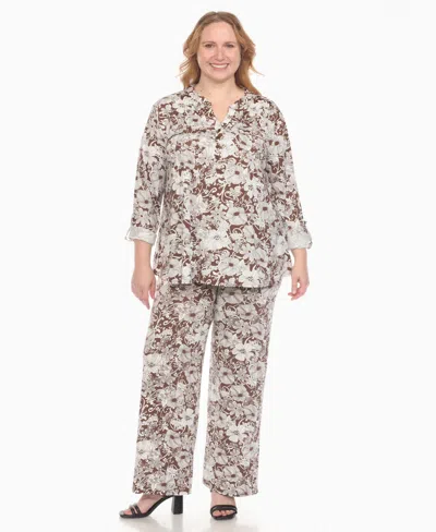 White Mark Plus Size 2-piece Floral Print Tunic Top And Pants Set In Brown