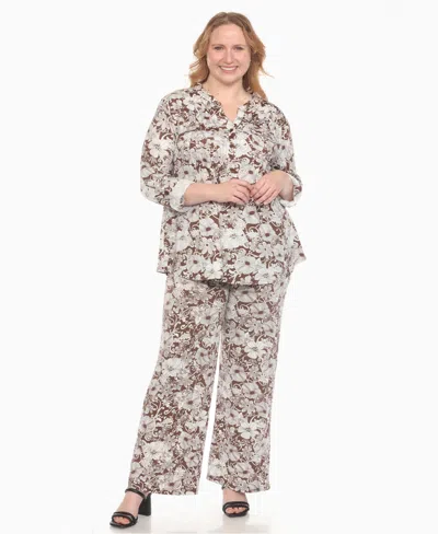 White Mark Plus Size 2-piece Floral Print Tunic Top And Pants Set In Brown
