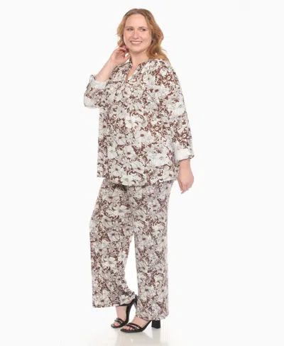 White Mark Plus Size 2-piece Floral Print Tunic Top And Pants Set In Brown