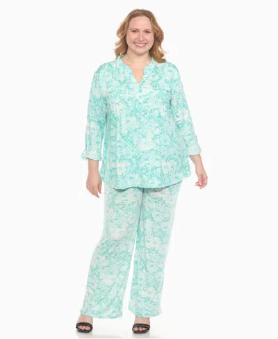 White Mark Plus Size 2-piece Floral Print Tunic Top And Pants Set In Green