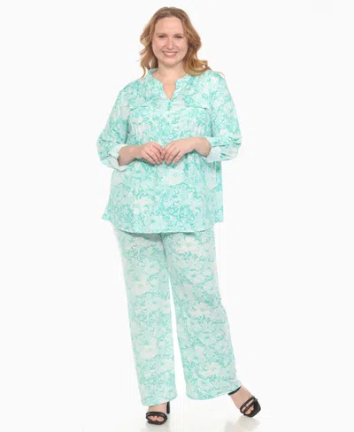 White Mark Plus Size 2-piece Floral Print Tunic Top And Pants Set In Green
