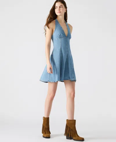 Steve Madden Malia Light Wash Halter Skater Mini Dress In Blue