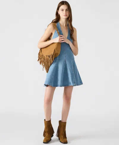 Steve Madden Malia Light Wash Halter Skater Mini Dress In Blue