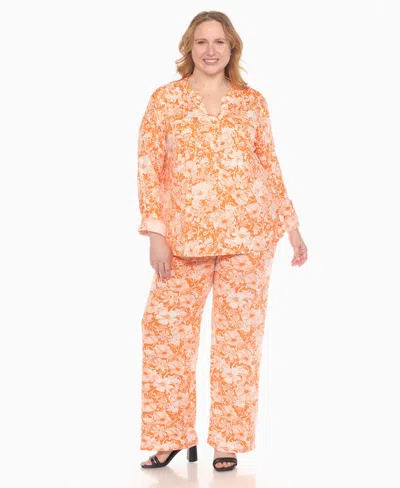 White Mark Plus Size 2-piece Floral Print Tunic Top And Pants Set In Orange