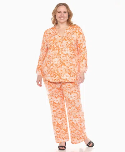 White Mark Plus Size 2-piece Floral Print Tunic Top And Pants Set In Orange