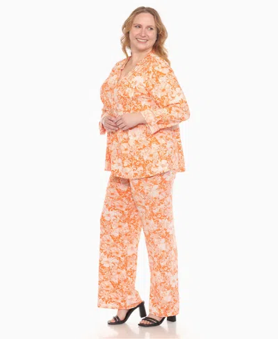 White Mark Plus Size 2-piece Floral Print Tunic Top And Pants Set In Orange