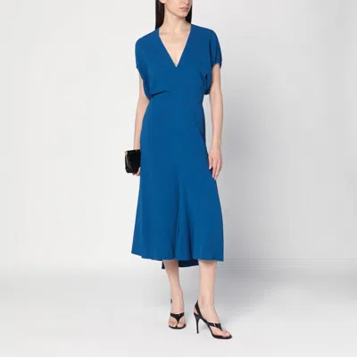 Victoria Beckham Womens Sapphire Blue V-neck Asymmetric-hem Stretch-woven Midi Dress