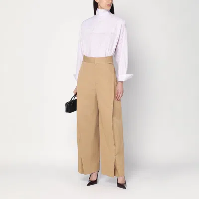 Victoria Beckham Wide Beige Trousers In Cotton Women In Brown