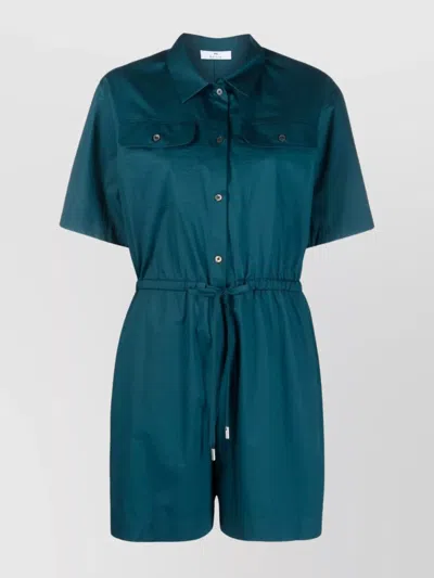 Paul Smith Short Sleeve Cotton Playsuit With Drawstring Waist In Blue