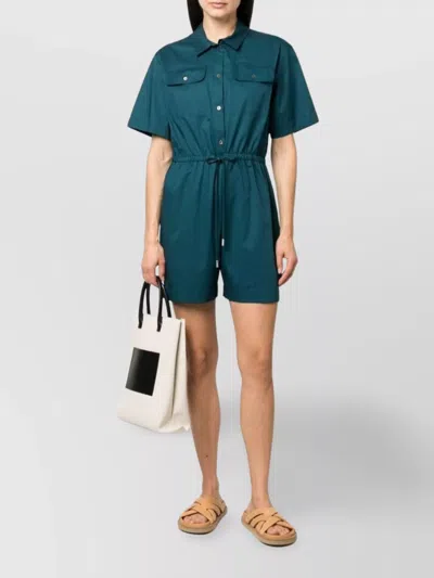 Paul Smith Short Sleeve Cotton Playsuit With Drawstring Waist In Blue