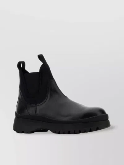 Prada Chunky Sole Leather Ankle Boots In Black