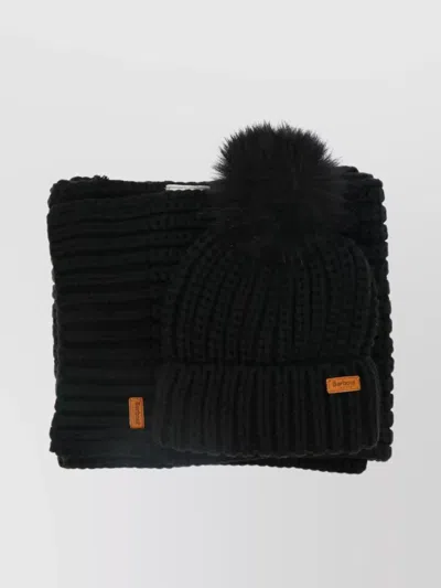 Barbour Logo Patch Rib Knit Puff Beanie And Scarf Set