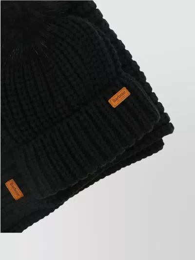 Barbour Logo Patch Rib Knit Puff Beanie And Scarf Set