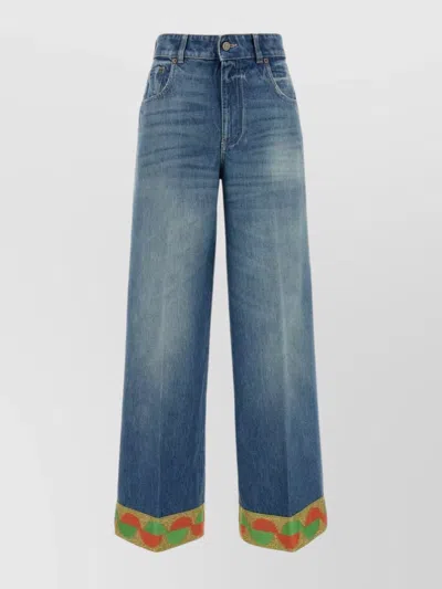 Valentino Wide Leg High Waist Jeans With Colorful Trim In Medium Blue