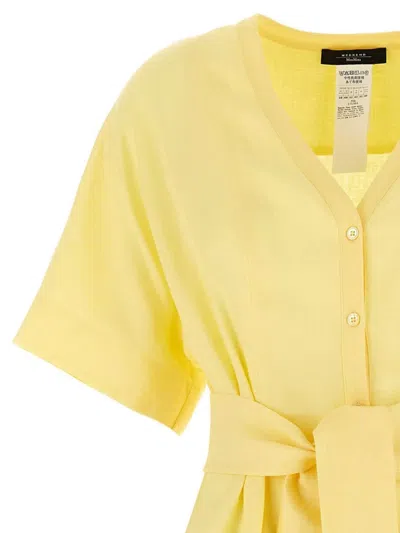 Weekend Max Mara Linen Dress With Midi Length And Pleated Skirt In Yellow