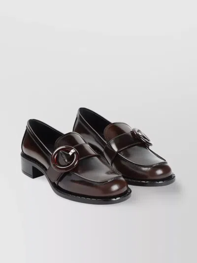 Prada Polished Brown Flat Shoes With Decorative Buckle In Black