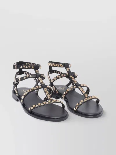 Ash Ankle Strap Leather Flat Sandals With Studs In Black