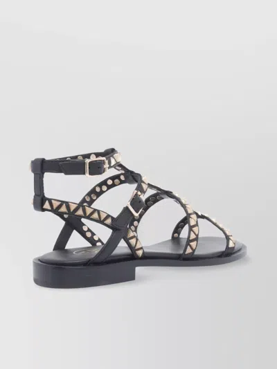 Ash Ankle Strap Leather Flat Sandals With Studs In Black