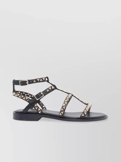 Ash Ankle Strap Leather Flat Sandals With Studs In Black