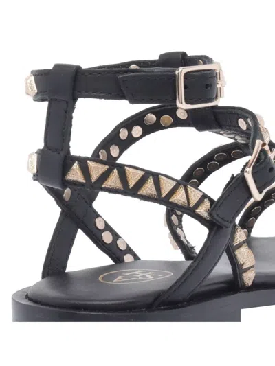 Ash Ankle Strap Leather Flat Sandals With Studs In Black