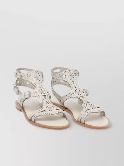 Ash Round Toe Leather Sandals With Perforated Design In White