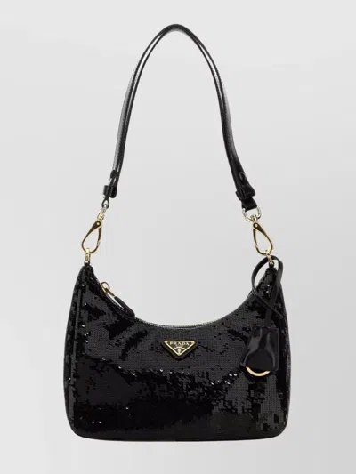 Prada Fabric Re-edition Shoulder Bag With Sequin Embellishment In Black