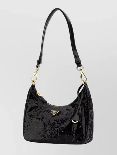 Prada Fabric Re-edition Shoulder Bag With Sequin Embellishment In Black