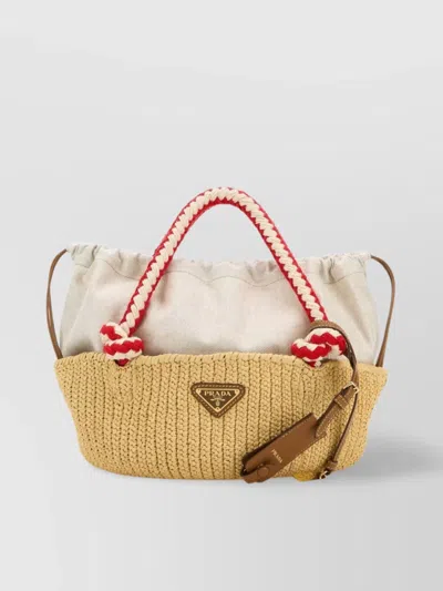 Prada Small Handbag With Braided Contrast Handles And Keychain Detail