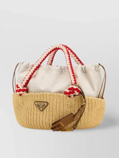 Prada Small Handbag With Braided Contrast Handles And Keychain Detail