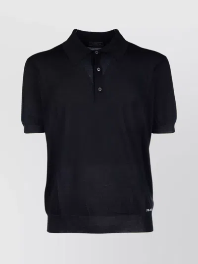 Prada Short Sleeve Polo Collar Ribbed Cuffs Sweater In Blue