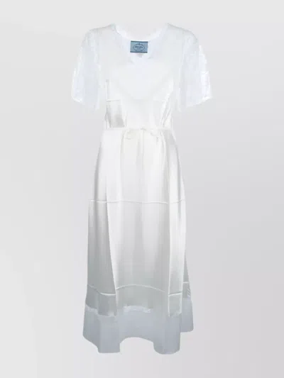 Prada Satin Lace Sleeve Midi Dress In White