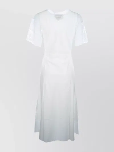 Prada Satin Lace Sleeve Midi Dress In White