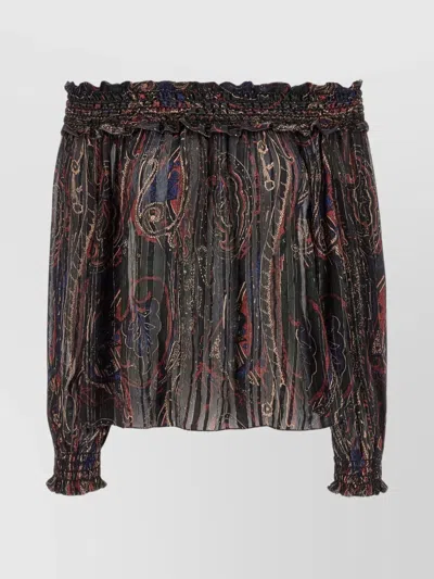 Saint Laurent Smocked Off-the-shoulder Blouse Ruffled Neckline In Brown