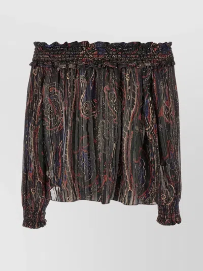 Saint Laurent Smocked Off-the-shoulder Blouse Ruffled Neckline In Brown