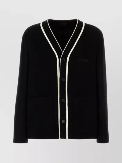 Gucci Wool Blend Cardigan With Contrast Trim And Front Pockets In Black