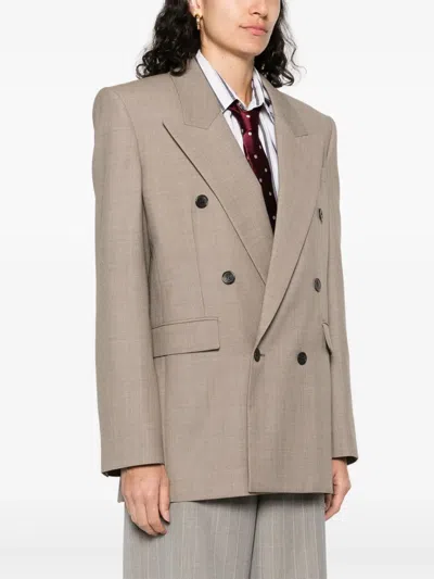 Saint Laurent Wool Doublebreasted Jacket In Neutral