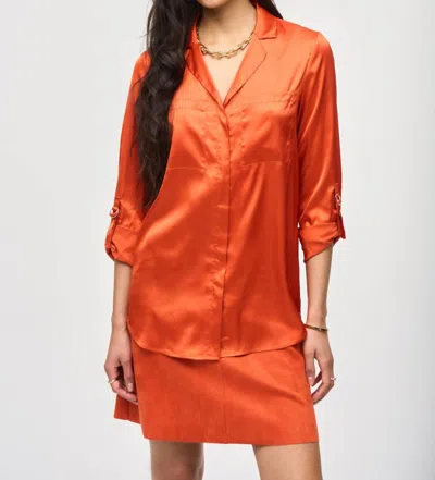 Joseph Ribkoff Satin Button-down Roll-tab Satin Blouse In Lava Orange In Red