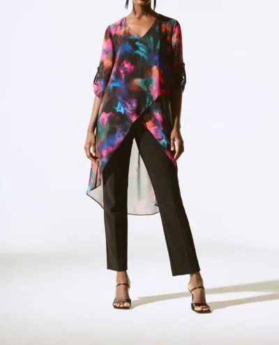 Joseph Ribkoff Abstract Print High Low Chiffon Tunic In Black/multi