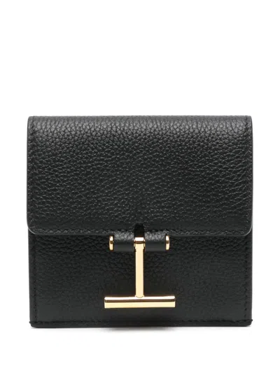 Tom Ford Black Grain Leather Tara Compact Wallet In 1n001 Black