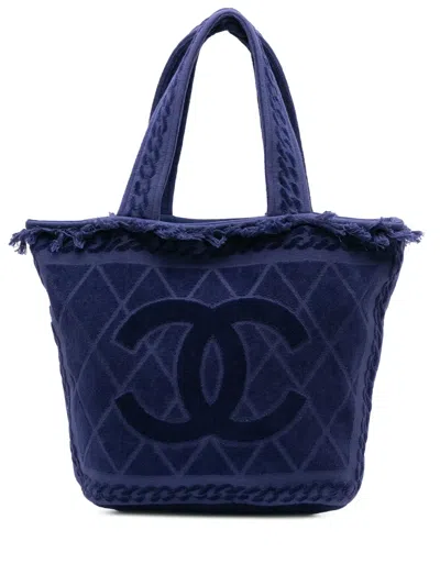 Pre-owned Chanel 2010-2025 Cc Terry Cloth Beach Tote Bag In Blue