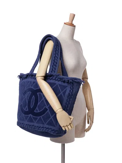 Pre-owned Chanel 2010-2025 Cc Terry Cloth Beach Tote Bag In Blue