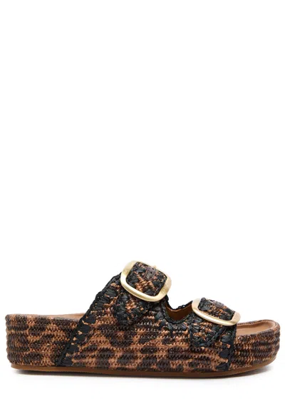 Loeffler Randall Theo Leopard-print Raffia Dual-buckle Slide Sandals In Brown