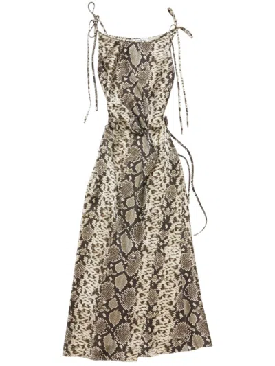 Acne Studios Snake Print Midi Dress With Side Slit In Brown