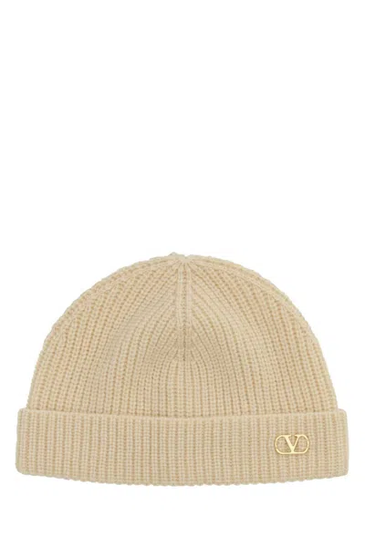 Valentino Garavani Ribbed Cashmere Beanie Hat With Turn-up Brim In Beige O Tan