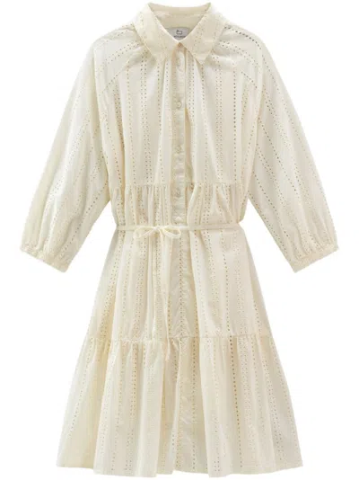 Woolrich Tiered Skirt Cotton Shirt Dress With Puff Sleeves In White
