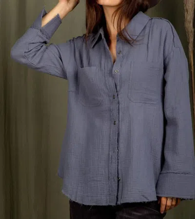 Very J Shacket Gauze Button Down Shirt Top In Denim