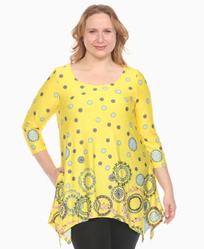 White Mark Plus Size Printed Flowy Hem Swing Top In Yellow