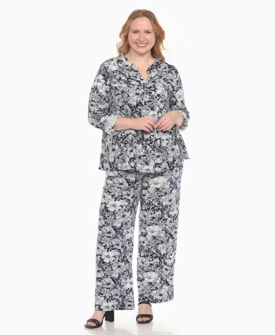 White Mark Plus Size 2-piece Floral Print Tunic Top And Pants Set In Blue