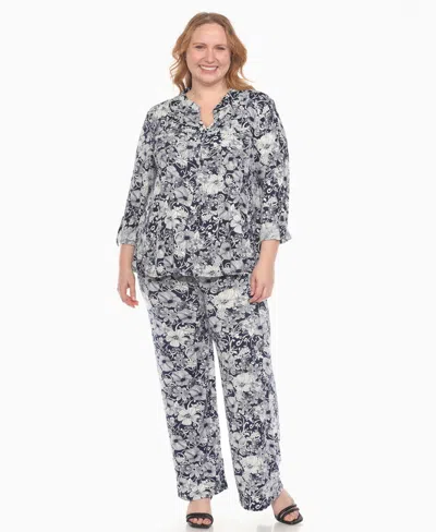 White Mark Plus Size 2-piece Floral Print Tunic Top And Pants Set In Blue